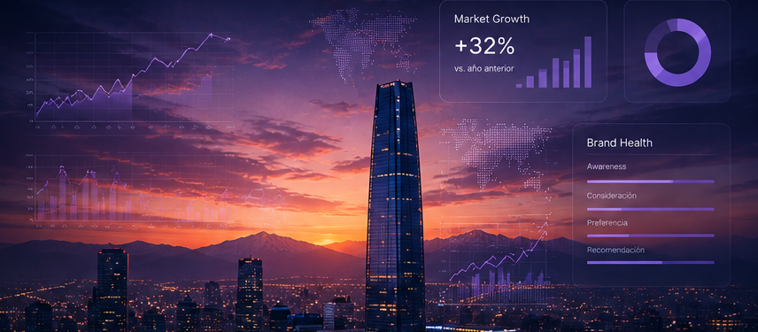 Santiago al atardecer con señales de datos y mercado